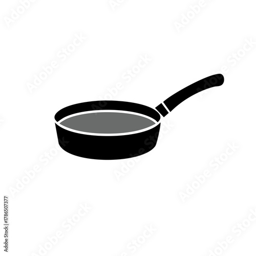 Simple black silhouette illustration of a frying pan icon with a handle and cooking surface, ideal for kitchen and food designs.