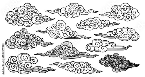 Chinese cloud vector elements set. Linear clip art oriental Japanese, Thai, Tibetan, Korean style clouds.