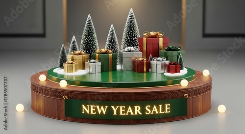 Festive display of holiday gifts and decorated trees on a revolving platform promoting a New Year sale.