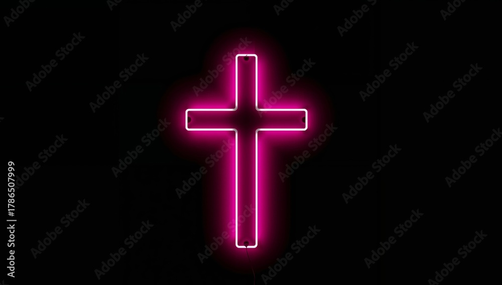 Fototapeta premium Neon Geometric Shape Abstract Pink Illumination Against Dark Backdrop.