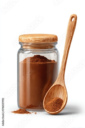 Glass jar filled with ground cinnamon and a wooden spoon resting beside it with a small heap of the aromatic spice