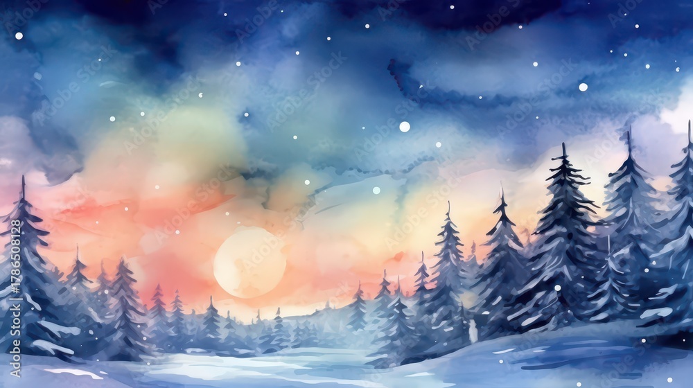 Obraz premium Horizontal banner with a beautiful blue sky and clouds. Painted Watercolor Sky Background