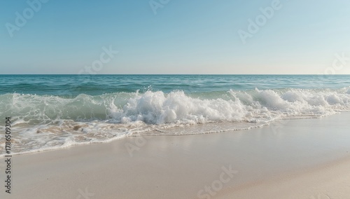Fototapeta Naklejka Na Ścianę i Meble -  Serenity Shoreline Waves, Sand, and Sky in Muted Tones with Gentle Sunlight.