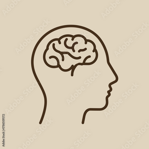 Conceptual line art of a human head with a brain, representing intelligence, thought, learning, and the complex processes of the mind and cognitive function
