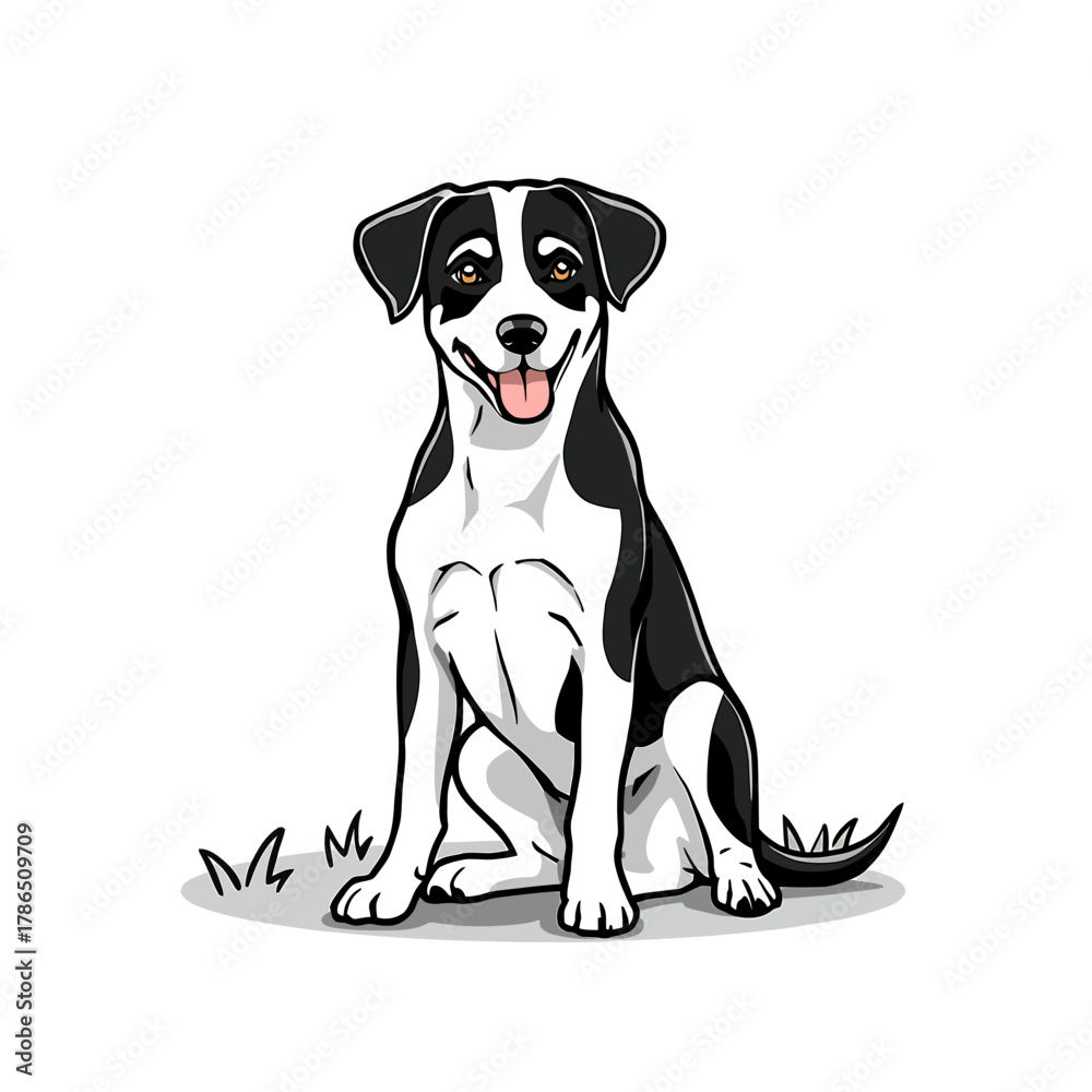 Fototapeta premium Cute Black and White Dog Cartoon Portrait Sitting on Grass