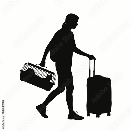 Silhouette of woman traveling with pet carrier and suitcase on
