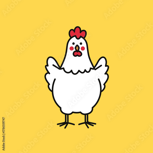 A charming illustration of a fluffy white chicken with a red comb, standing with wings outstretched on a bright yellow background