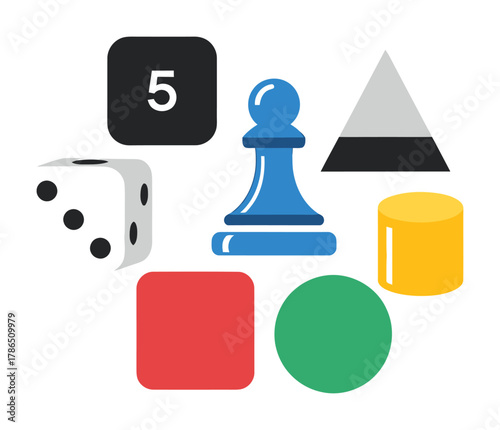 Modern Board Game Dice and Pieces Flat Vector Illustration, Minimalist Icon