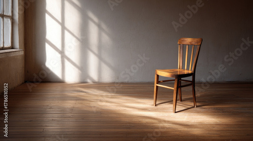 Empty chair by window — sun...