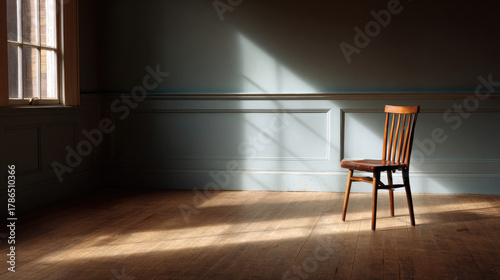 Empty chair by window — sun...