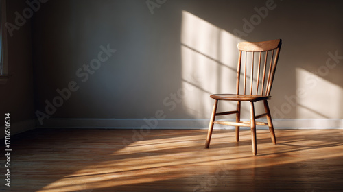 Empty chair by window — sun...