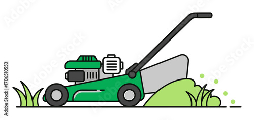 Flat Vector Illustration of Lawn Mower Grass Cutting, Minimalist Icon Design