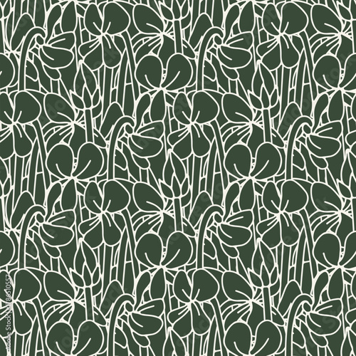 Seamless pattern with green and white canary islands flowers Blue Violet. Monochrome hand drawn floral wallpaper