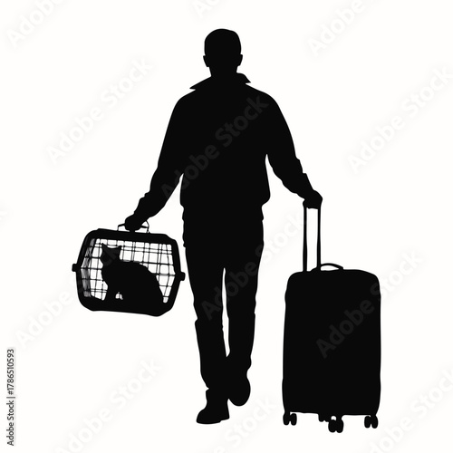 Silhouette of man with cat in carrier and suitcase