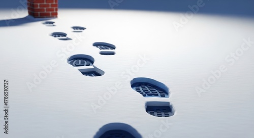 Footprints in thick snow on a rooftop leading to a chimney. Winter season holiday travel and secret santa concept.