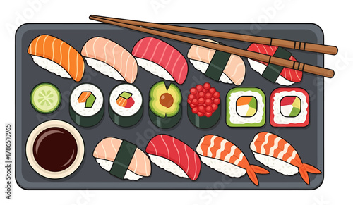 Minimalist Sushi Platter Vector Illustration - Modern Food Icon