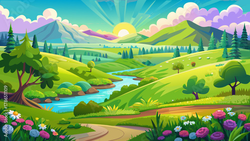 Very beautiful green spring panorama landscape featuring fresh vibrant meadows, soft rolling hills, bright sunlight, and a realistic serene nature scene filled with miraculous seasonal colors.