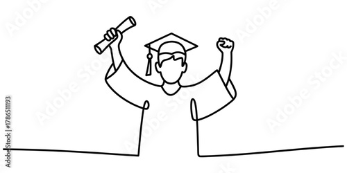 Continuous line drawing of a graduate student celebrating with a diploma, symbolizing academic achievement and success the artwork captures the joy of graduation continuous one line art of vector illu