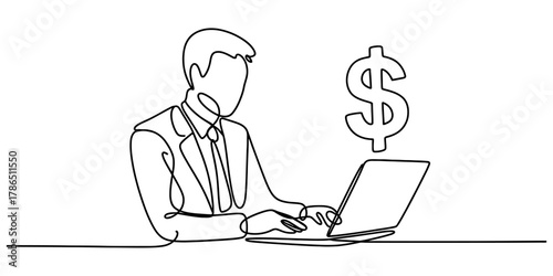 A continuous line drawing depicts a businessman working on a laptop with a dollar sign, symbolizing online business, financial success, and modern technology continuous one line art of vector illustra