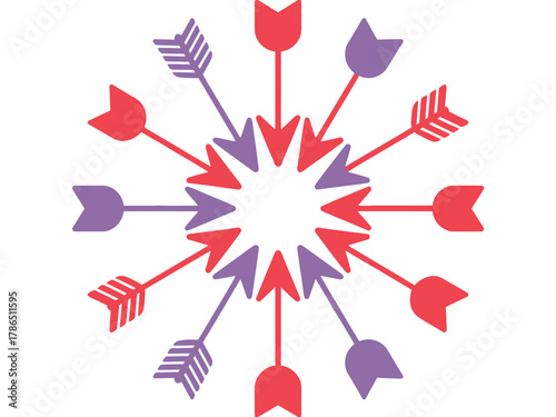 A circular pattern of arrows in red and purple pointing inwards and outwards forms a star shape.