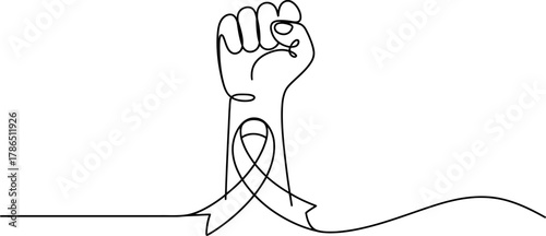 A powerful single line drawing depicts a fist raised in solidarity, adorned with a ribbon, , symbolizing support, awareness, and the fight against cancer continuous one line art of vector illustration