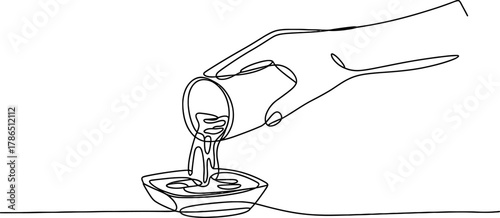 Continuous line drawing of a hand pouring liquid from a glass into a bowl, the minimalist style of the illustration emphasizes simplicity and elegance continuous one line art of vector illustration