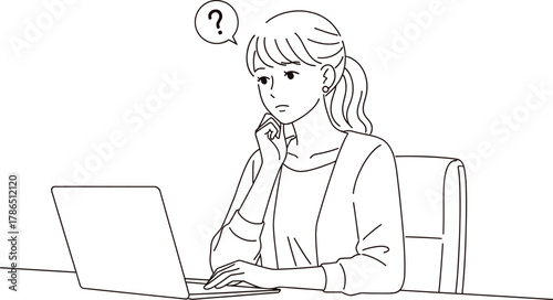 Young woman looking confused at her laptop with a question mark above her head