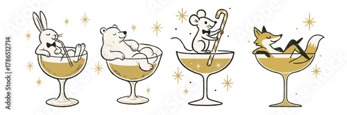 Adorable christmas party characters sitting in champagne glasses including rabbit, bear, mouse and fox