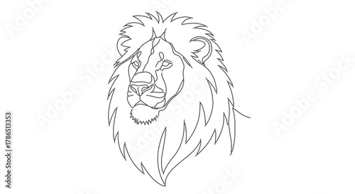 Elegant illustration of a majestic lion's head, created using a unique one-line art style, showcasing a single continuous stroke for a minimalist and sophisticated design