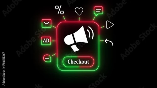 Hand pressing glowing checkout megaphone ad icon on laptop for digital marketing 4k video