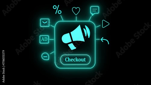 Hand pressing glowing checkout megaphone ad icon on laptop for digital marketing 4k video