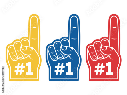 Three foam finger hands in yellow, blue, and red, showing the number one.