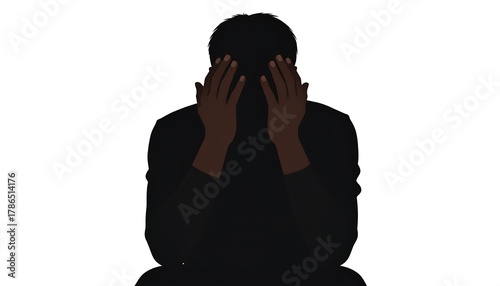 Silhouette of a man in despair with hands on face.