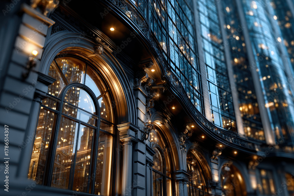 Obraz premium Elegant Curved Building Facade with Arched Windows at Dusk