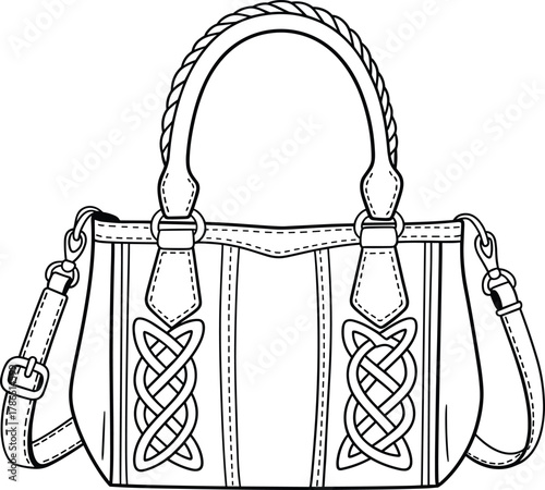 Elegant handbag with braided handles and decorative stitching, stylish fashion accessory design for boutiques and branding, flat vector illustration