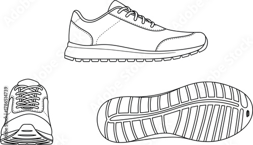 Running shoe with detailed sole pattern, lace-up sneaker design shown from multiple views for footwear catalog and branding, flat vector illustration