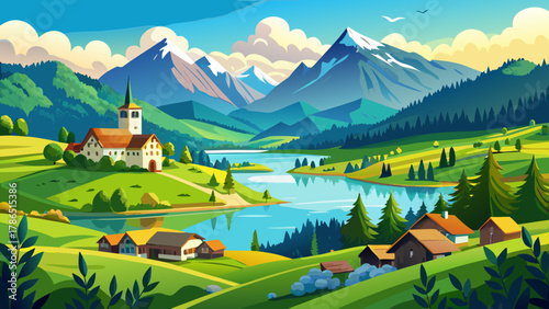 Very beautiful idyllic summer view of the Forggensee and the Ostallgäu alpine foothills, featuring calm blue water, lush green meadows, and a realistic serene Bavarian landscape under clear warm light