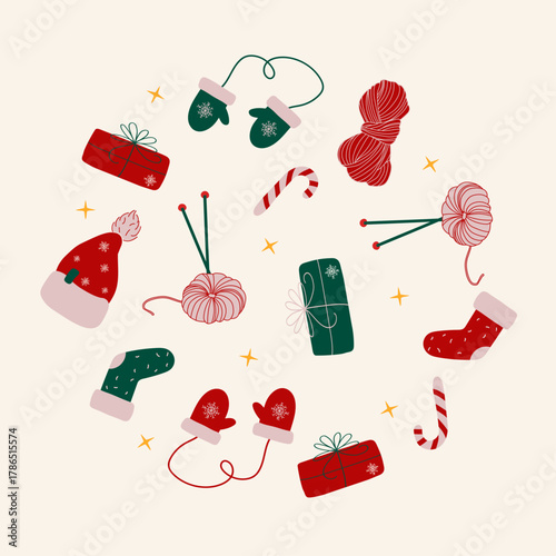 Set of christmas wool skeins and clothes in doodle style. Hand drawn collection of cozy winter elements in flat cartoon stylisation. Stickers in traditional colors