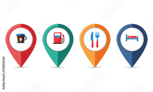 Set of four location pins with icons for coffee, gas, restaurant, and hotel
