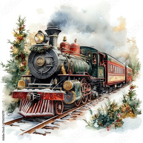 Watercolor drawing of a green-red train