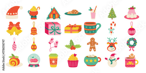 Christmas Elements Set, Holiday Winter Icons Collection, Festive Decorations and Treats