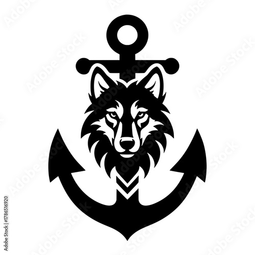 Wolf Head on Anchor – Maritime Logo of Strength and Stability Vector