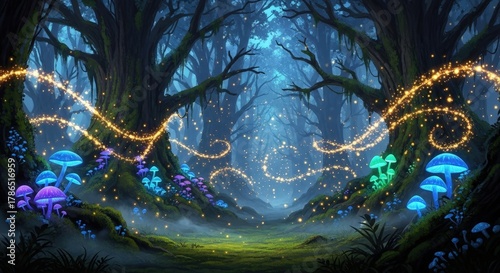 Lost in the whimsical Woods of wonder where bioluminescent fungi glow and magical lights dance at twilight
