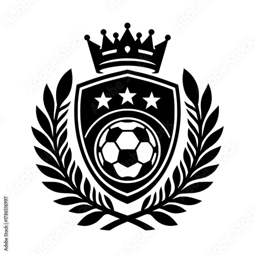 Soccer/Football Champion Badge: Crowned Shield Vector Logo with Soccer Ball and Laurel