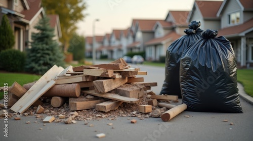 Close-up broken wood debris and black rubbish bags, suburban driveway, homes in background, building waste disposal.
