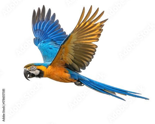 “Colorful blue-and-gold macaw parrot flying with wings fully spread, bright feathers, white background, dynamic motion.”
