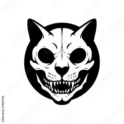 Vintage Horror Style Cat Head Skull Vector