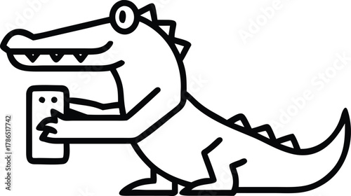 Cartoon alligator holding a smartphone crocodile character