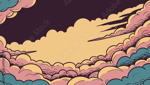 A stylized illustration of fluffy clouds surrounding a central, open space.