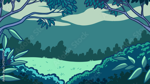 A serene forest scene with trees framing a grassy clearing under a cloudy sky.